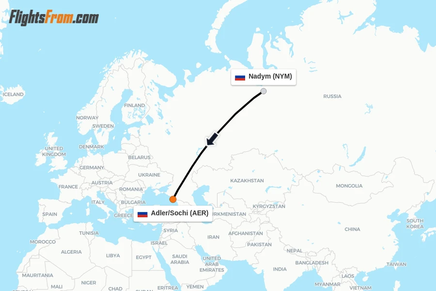 Flights from Nadym to Adler/Sochi route map