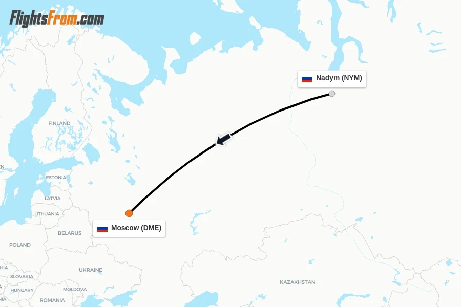 Flights from Nadym to Moscow route map