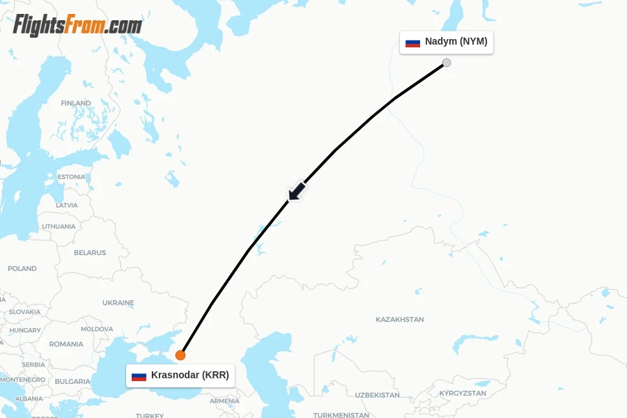 Flights from Nadym to Krasnodar route map