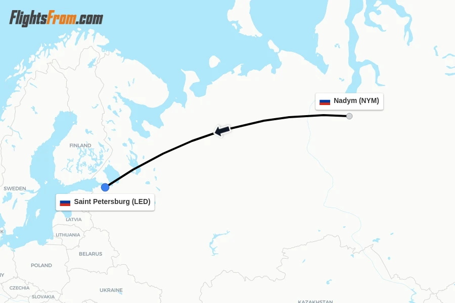Flights from Nadym to Saint Petersburg route map