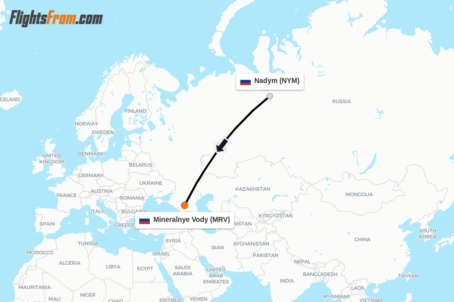 Flights from Nadym to Mineralnye Vody route map
