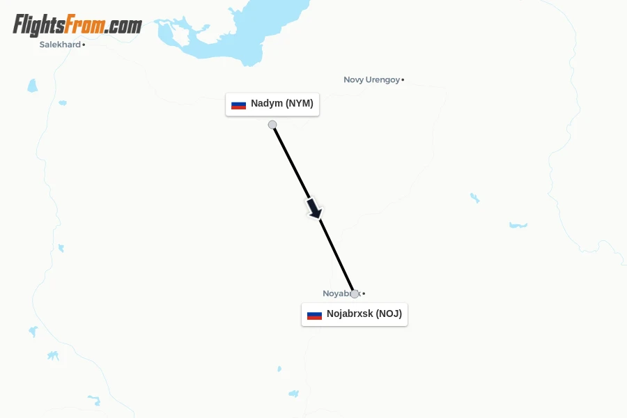 Flights from Nadym to Nojabrxsk route map