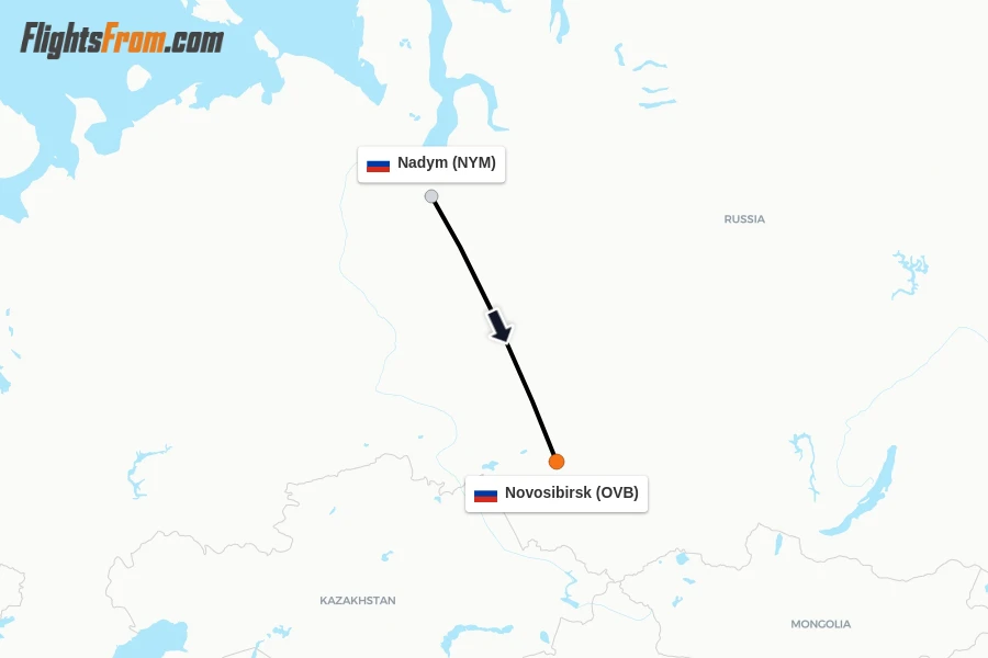 Flights from Nadym to Novosibirsk route map