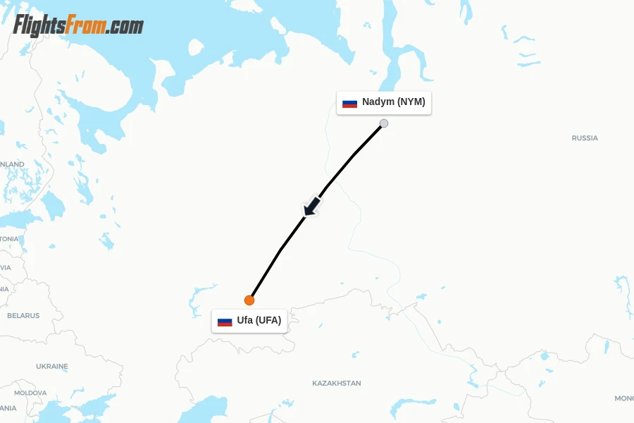 Flights from Nadym to Ufa route map
