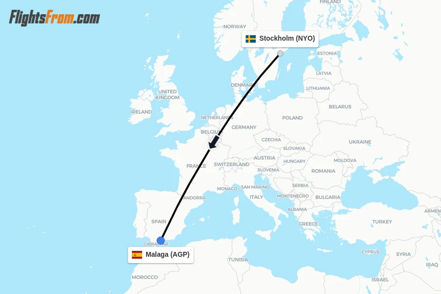 Flights from Stockholm to Malaga route map