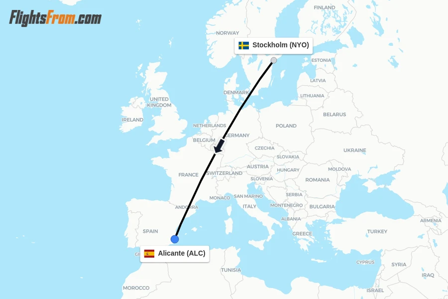Flights from Stockholm to Alicante route map