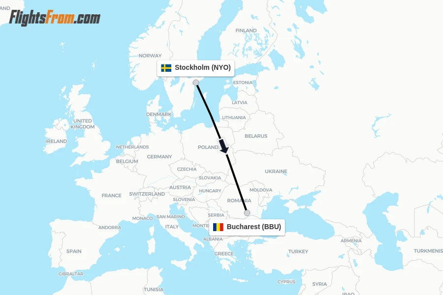 Flights from Stockholm to Bucharest route map