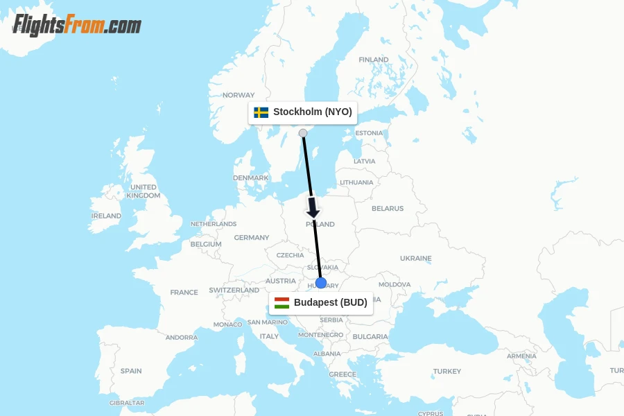 Flights from Stockholm to Budapest route map