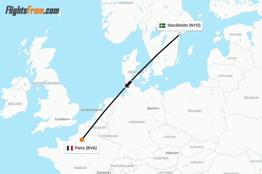 Flights from Stockholm to Paris route map