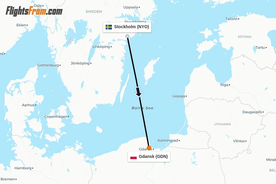 Flights from Stockholm to Gdansk route map