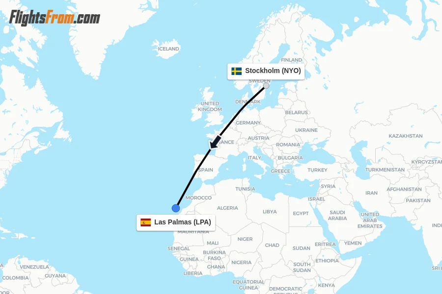 Flights from Stockholm to Las Palmas route map
