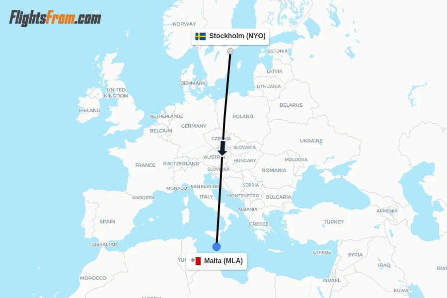 Flights from Stockholm to Malta route map