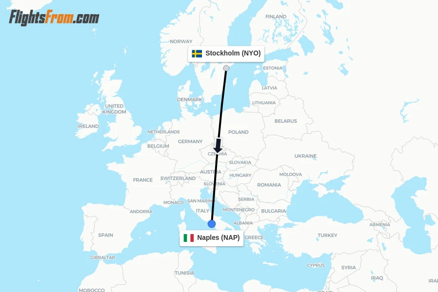 Flights from Stockholm to Naples route map