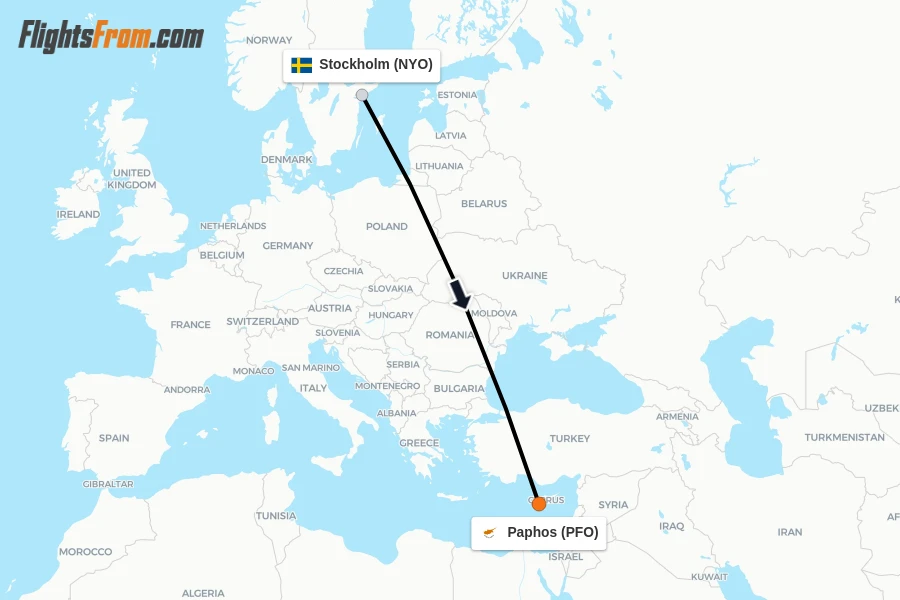 Flights from Stockholm to Paphos route map