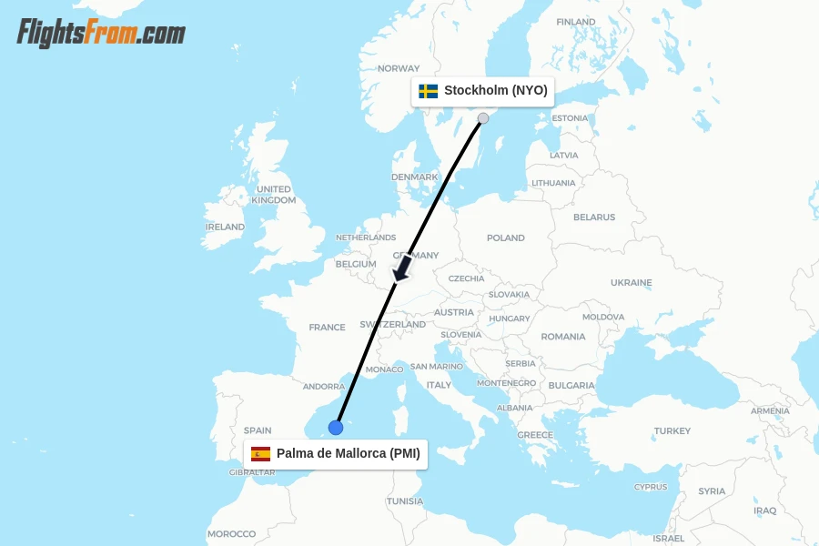Flights from Stockholm to Palma de Mallorca route map