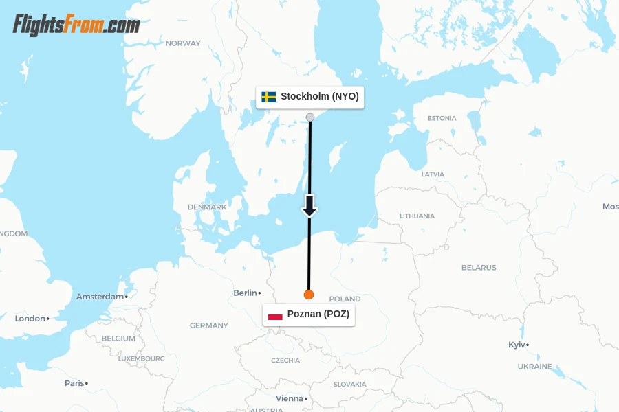 Flights from Stockholm to Poznan route map