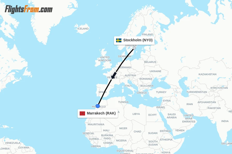Flights from Stockholm to Marrakech route map