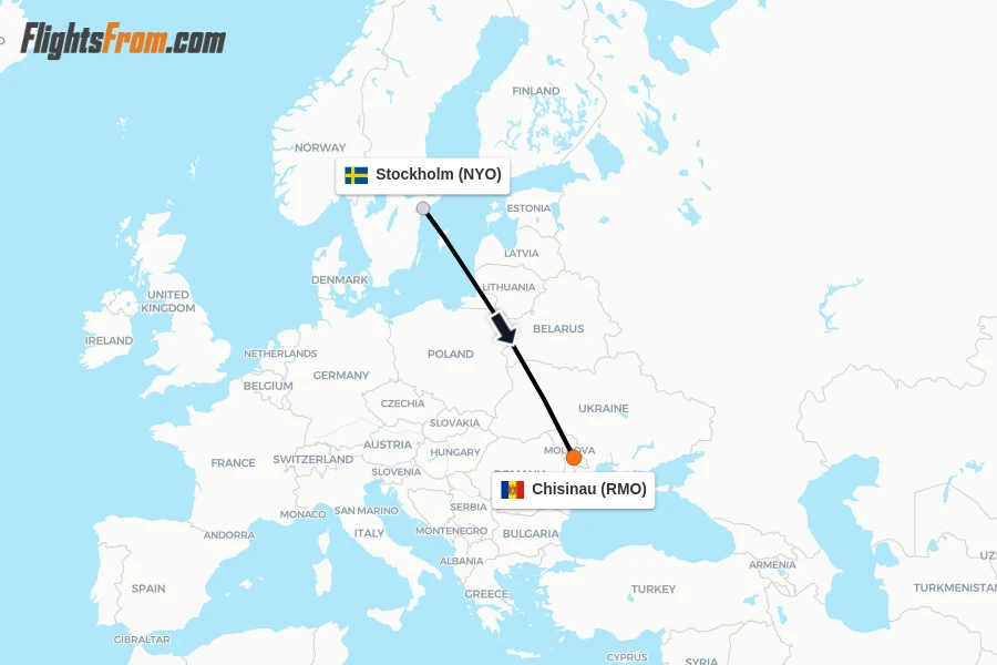 Flights from Stockholm to Chisinau route map