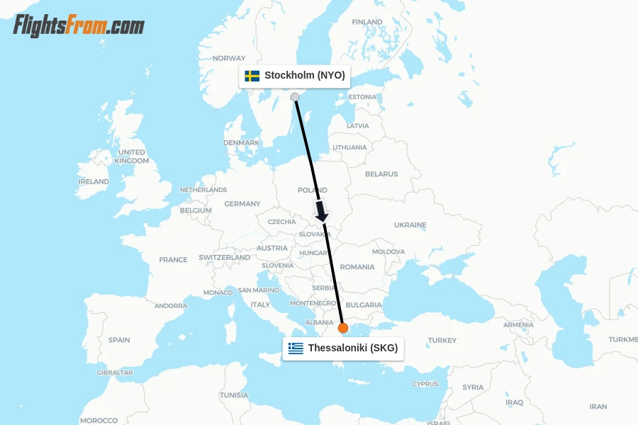 Flights from Stockholm to Thessaloniki route map