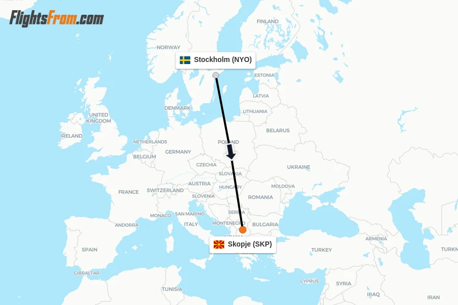 Flights from Stockholm to Skopje route map