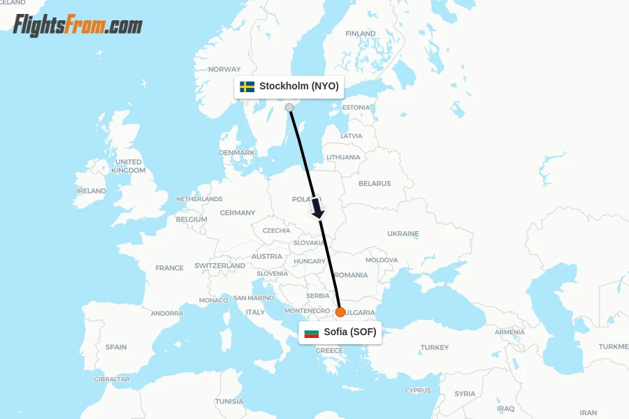 Flights from Stockholm to Sofia route map