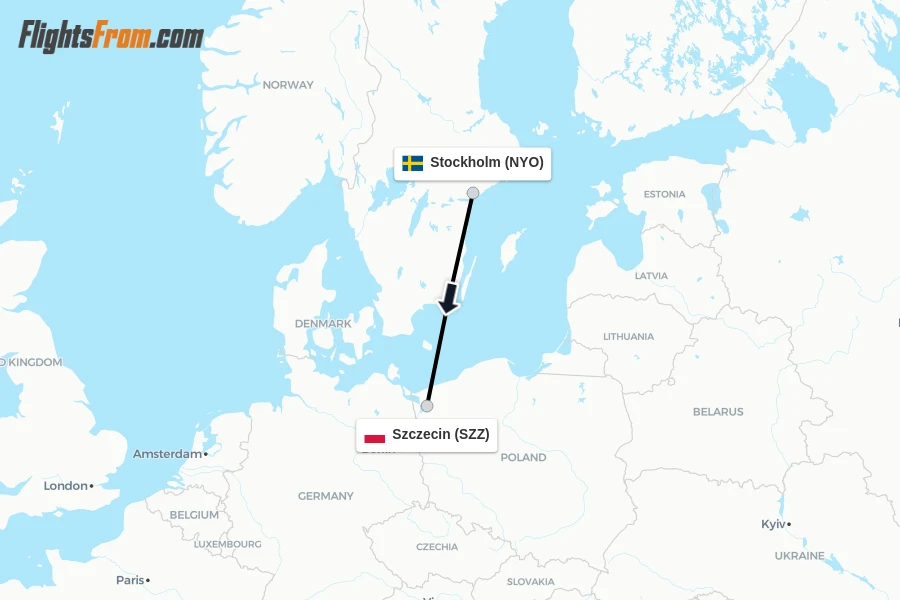 Flights from Stockholm to Szczecin route map