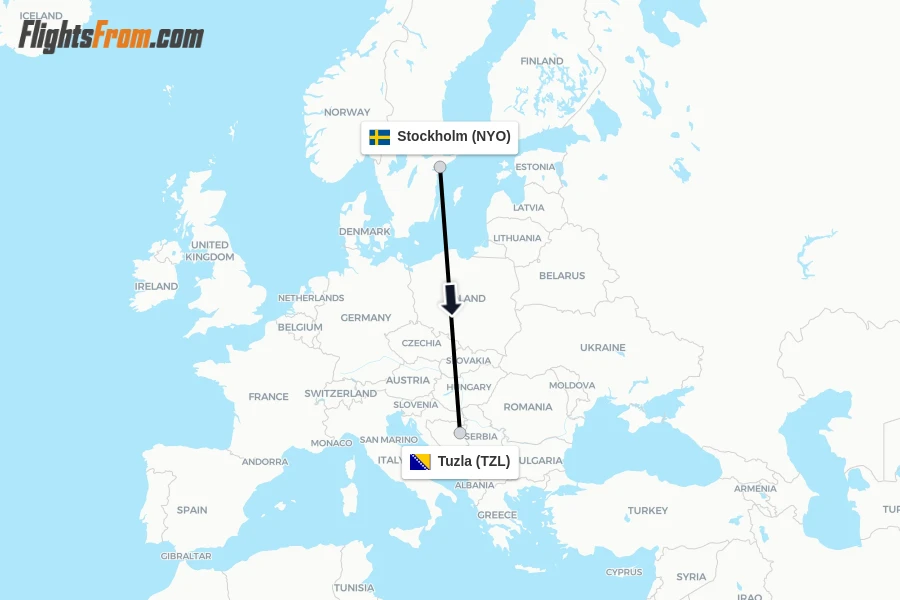 Flights from Stockholm to Tuzla route map