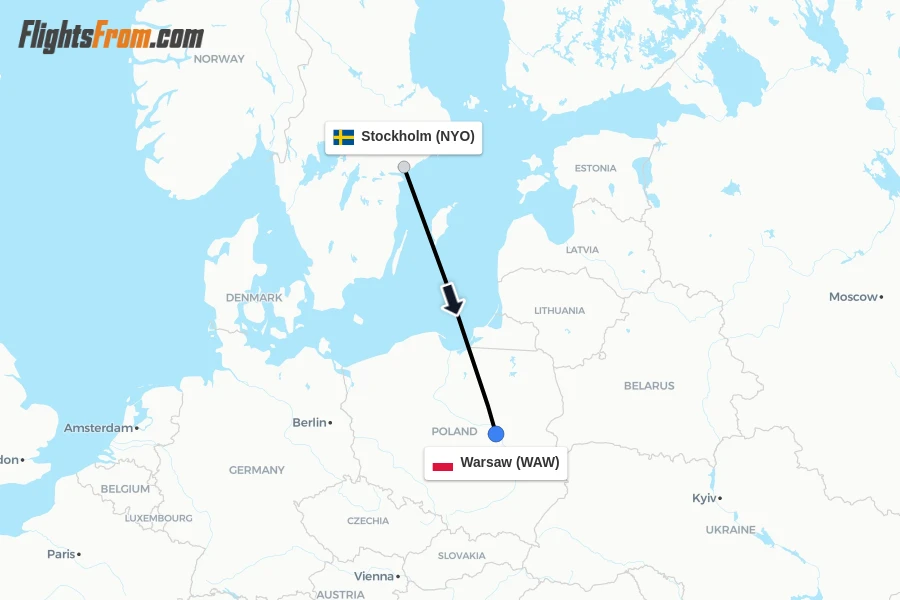 Flights from Stockholm to Warsaw route map