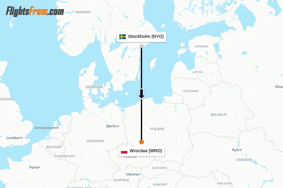 Flights from Stockholm to Wroclaw route map