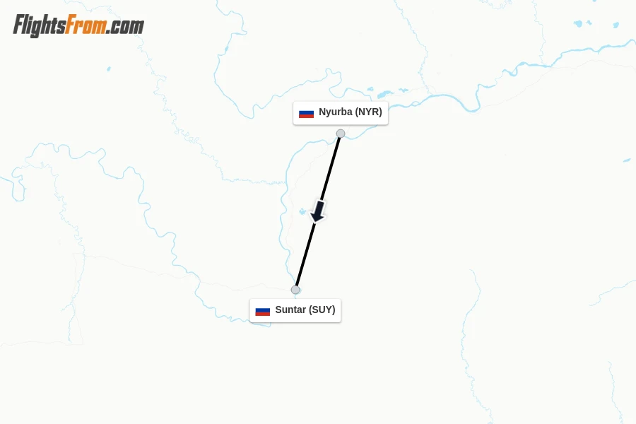 Flights from Nyurba to Suntar route map