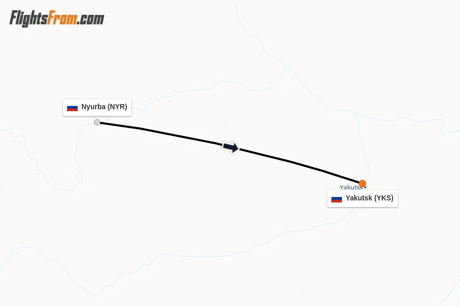 Flights from Nyurba to Yakutsk route map
