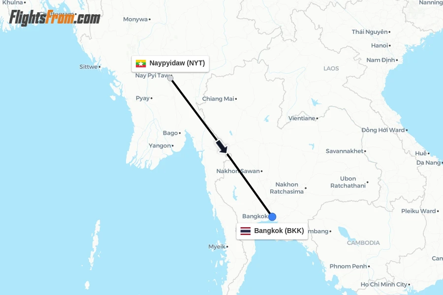 Flights from Naypyidaw to Bangkok route map