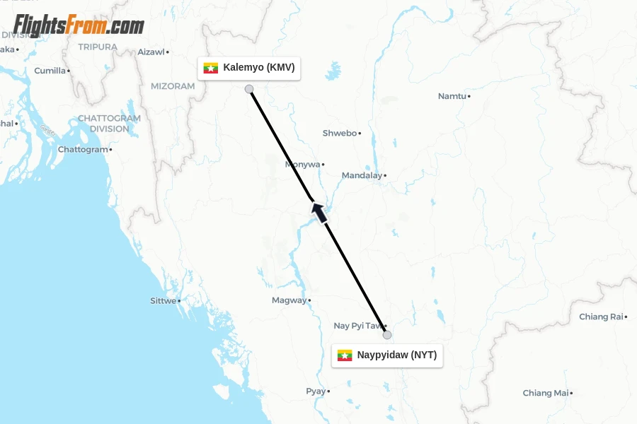 Flights from Naypyidaw to Kalemyo route map