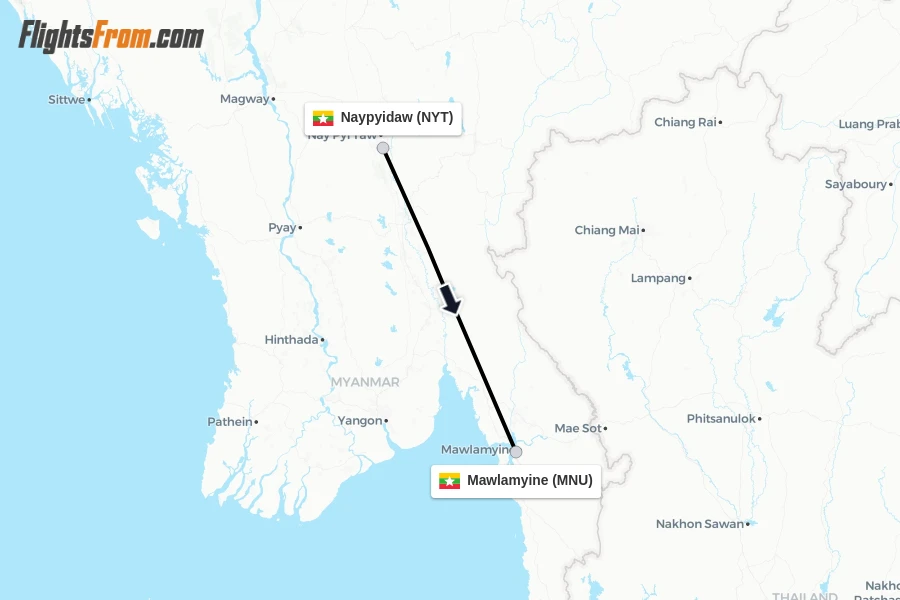 Flights from Naypyidaw to Mawlamyine route map