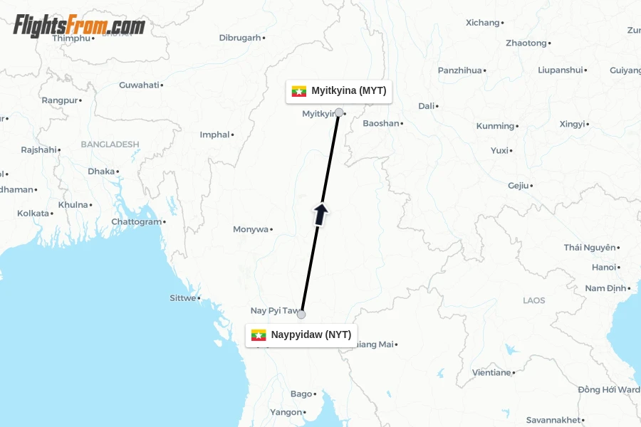 Flights from Naypyidaw to Myitkyina route map
