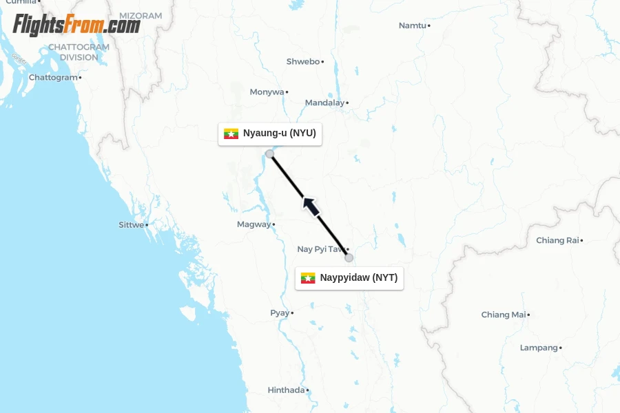 Flights from Naypyidaw to Nyaung-u route map