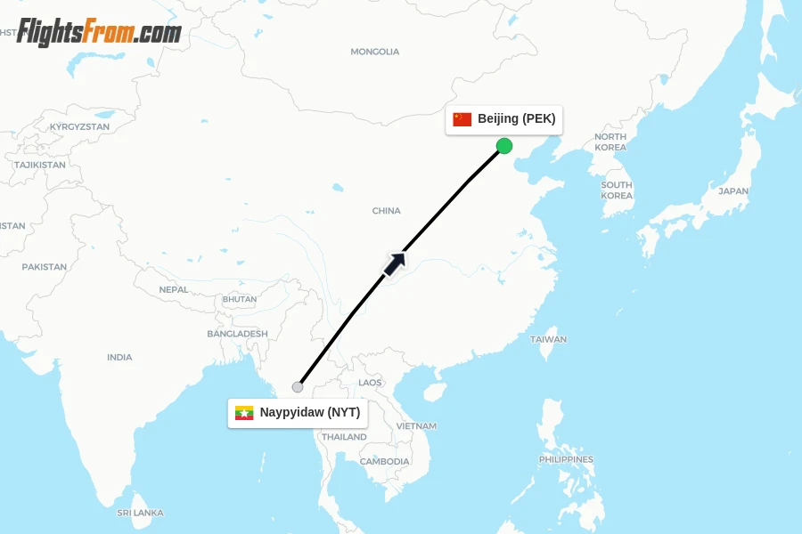 Flights from Naypyidaw to Beijing route map