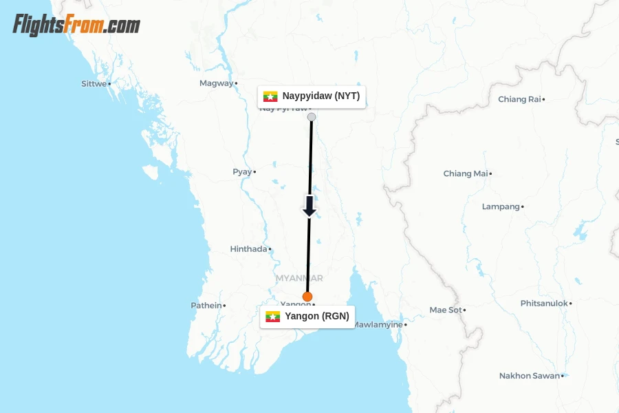 Flights from Naypyidaw to Yangon route map