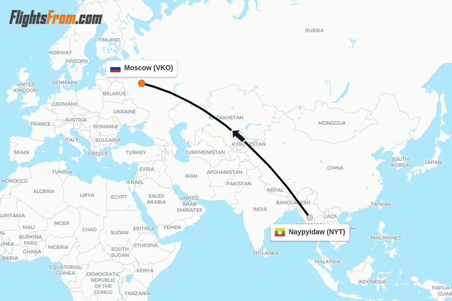 Flights from Naypyidaw to Moscow route map