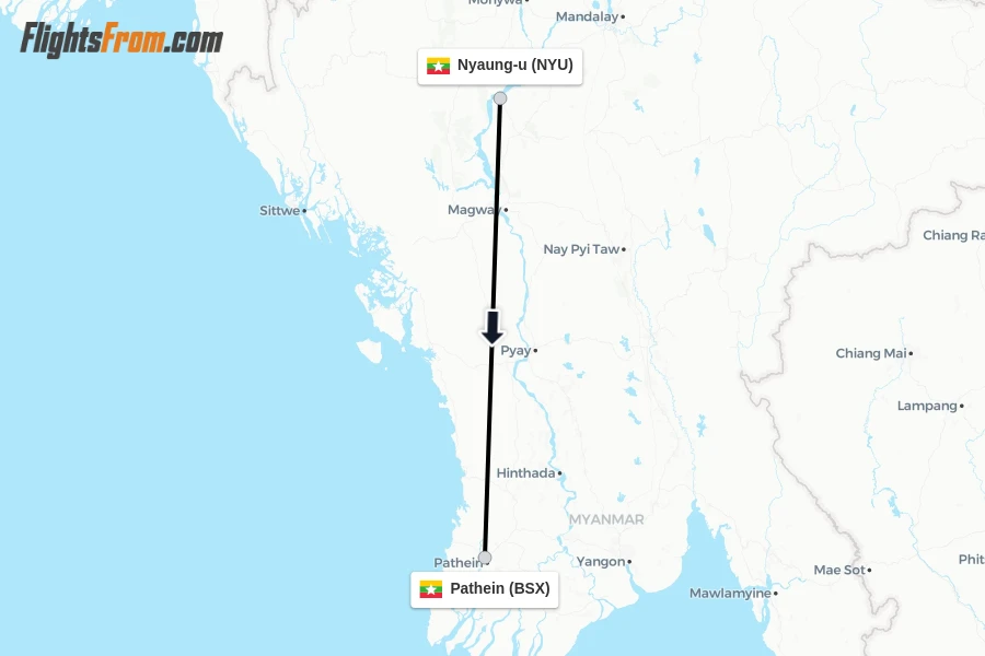 Flights from Nyaung-u to Pathein route map