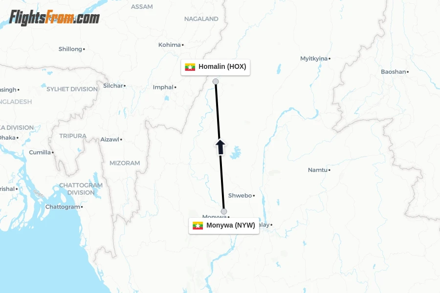 Flights from Monywa to Homalin route map