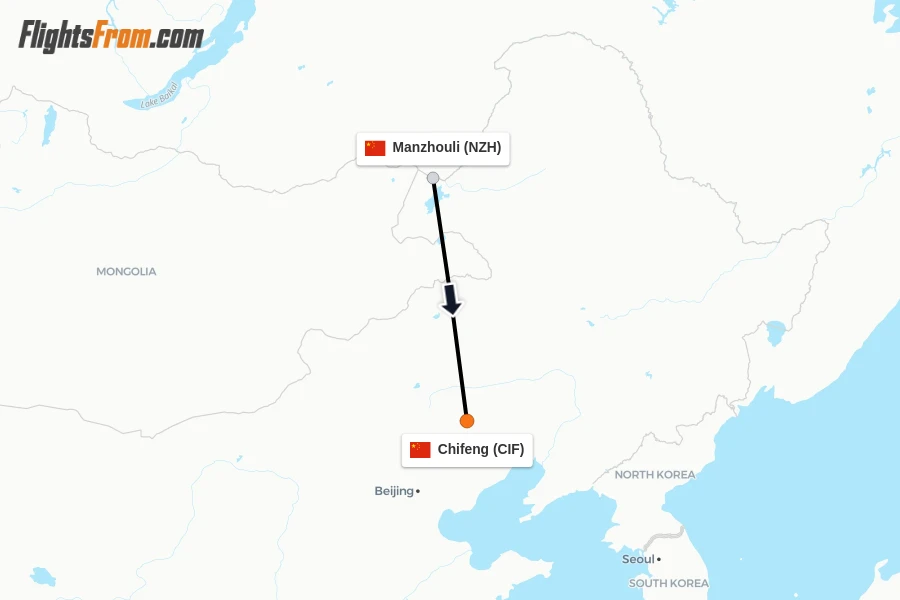 Flights from Manzhouli to Chifeng route map