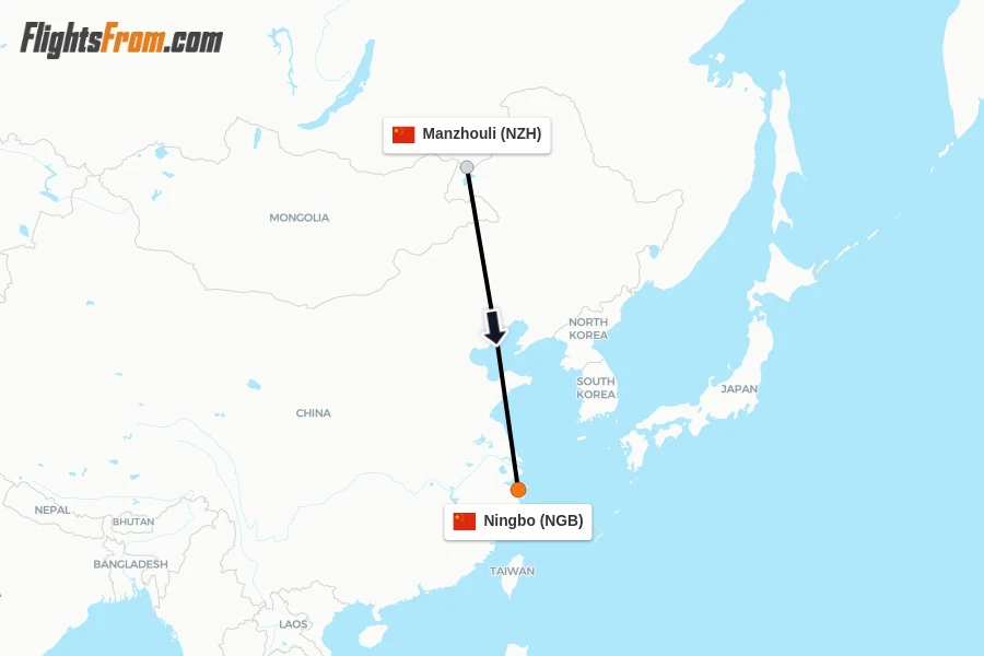 Flights from Manzhouli to Ningbo route map