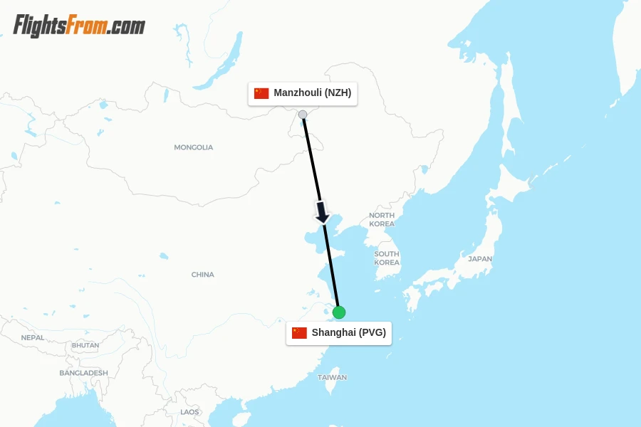 Flights from Manzhouli to Shanghai route map