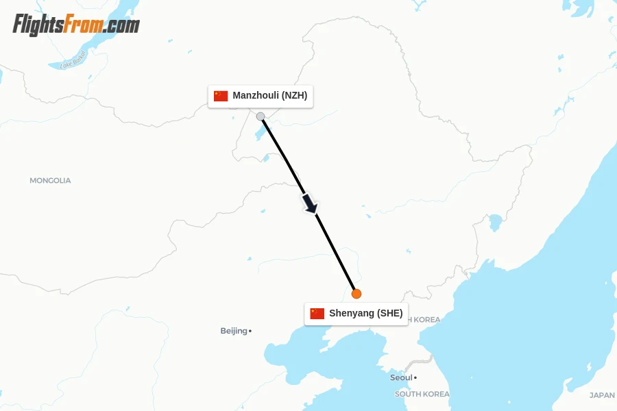 Flights from Manzhouli to Shenyang route map
