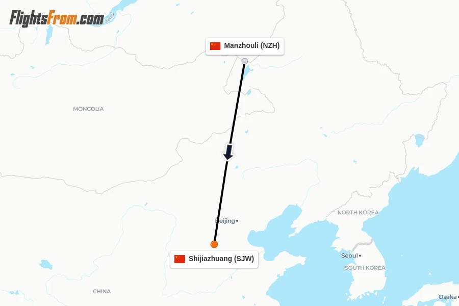 Flights from Manzhouli to Shijiazhuang route map