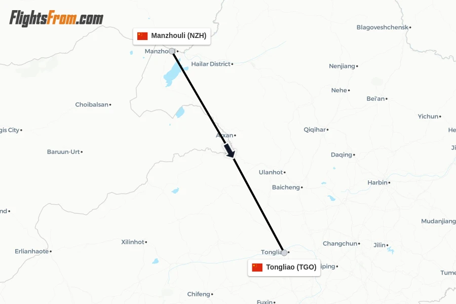 Flights from Manzhouli to Tongliao route map