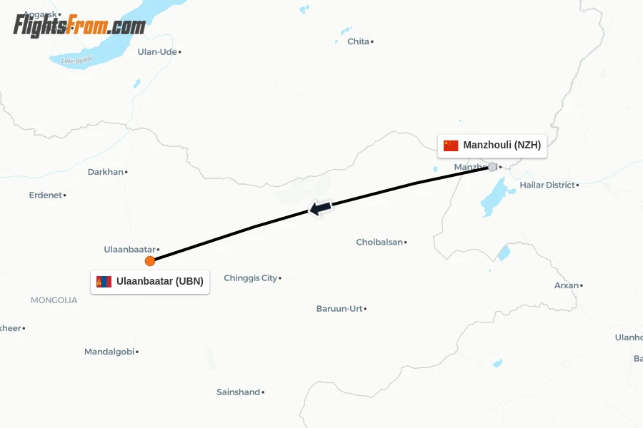 Flights from Manzhouli to Ulaanbaatar route map