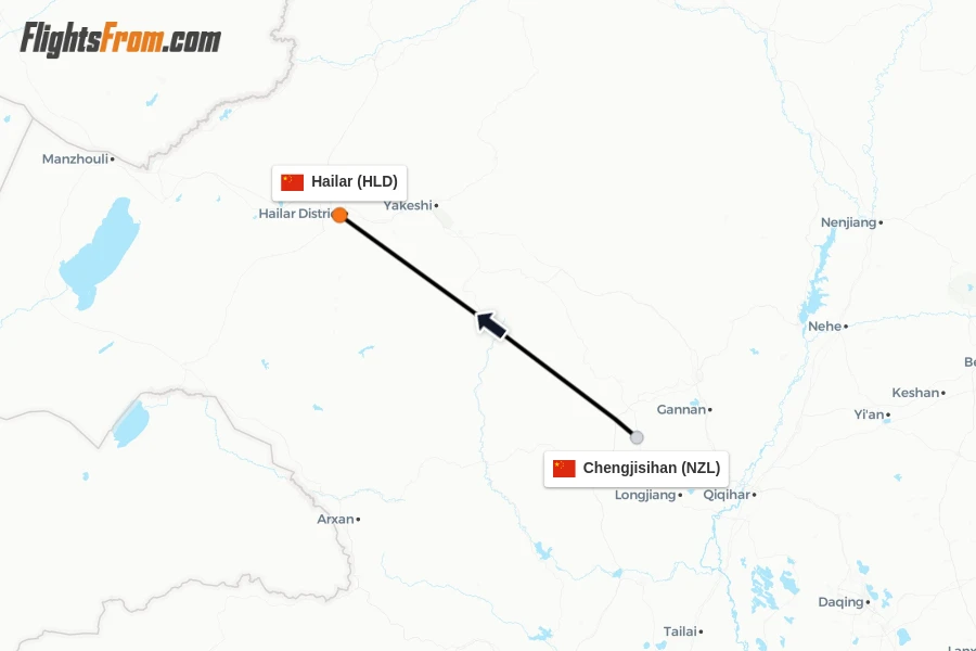Flights from Chengjisihan to Hailar route map