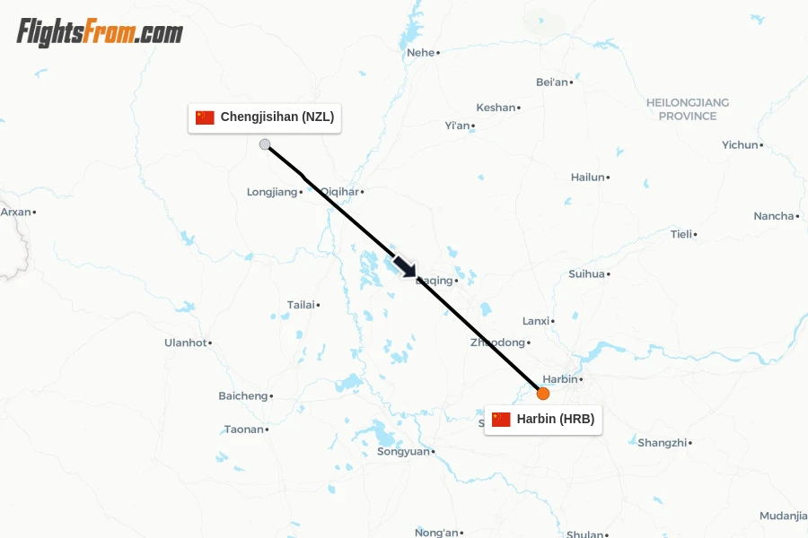 Flights from Chengjisihan to Harbin route map